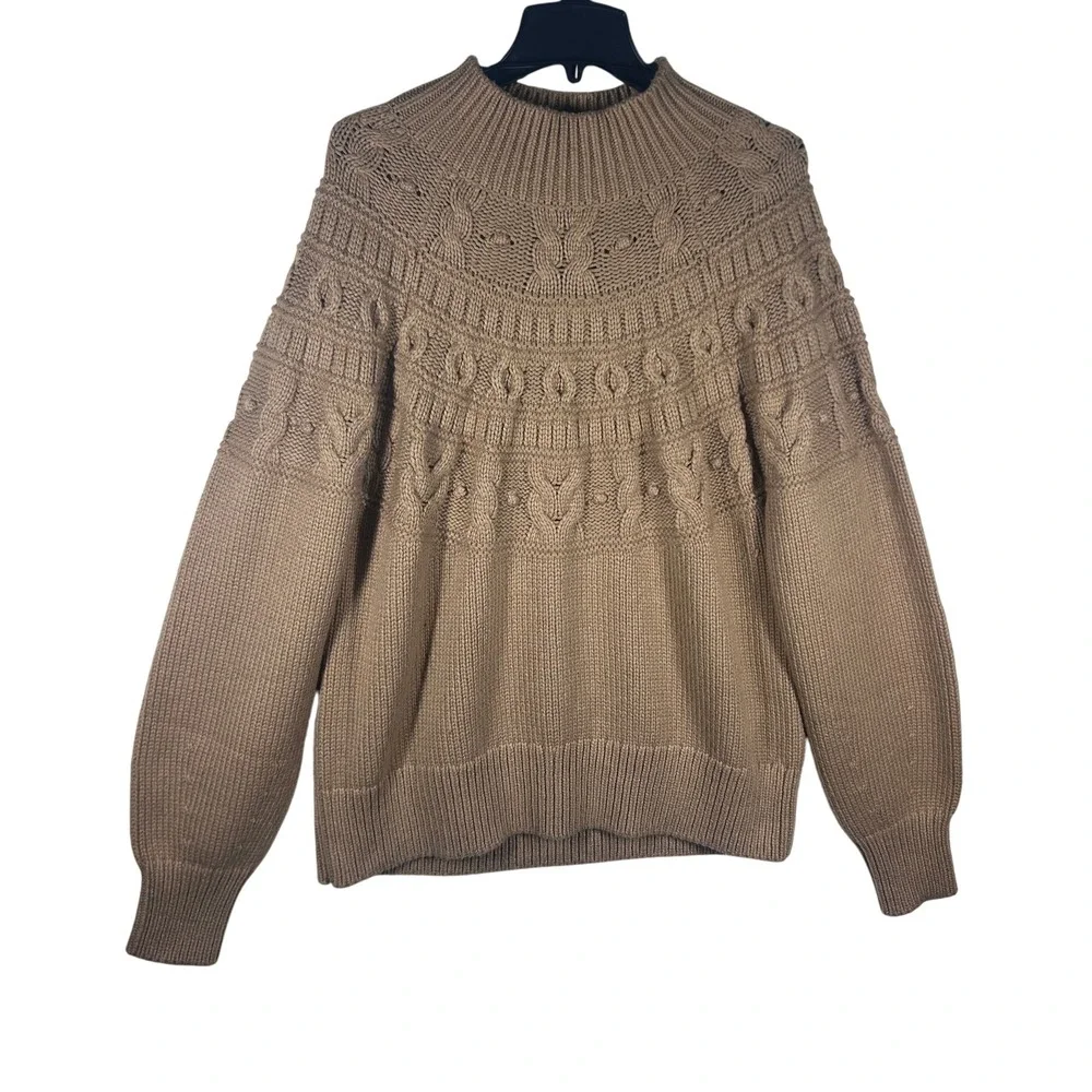 Banana Republic Mens XL Tan‎ Cable Knit Fair Isle Mock Neck Cotton Wool Sweater